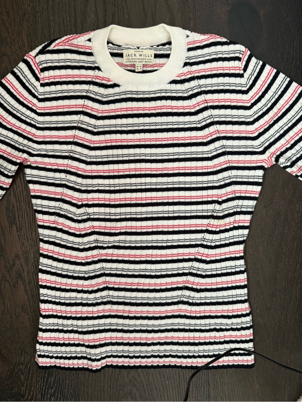 Jack Wills White Black and Pink Striped Ribbed Crew Sweater